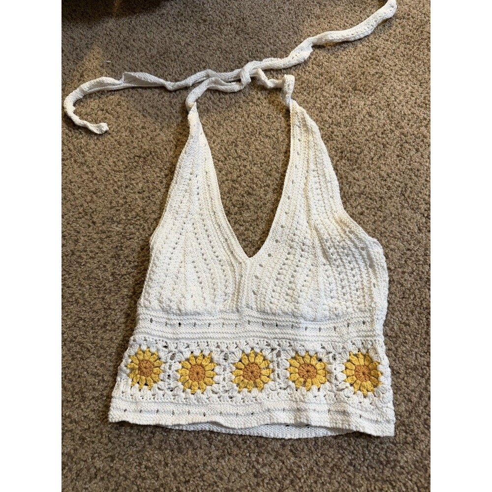 Hollister Crochet Knit Crop Top Sunflower Trim White Medium Festival Retro Boho